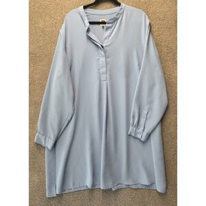 Anne Klein Tunic Blouse 3X Blue Split Neck Long Sleeve Office Minimalist